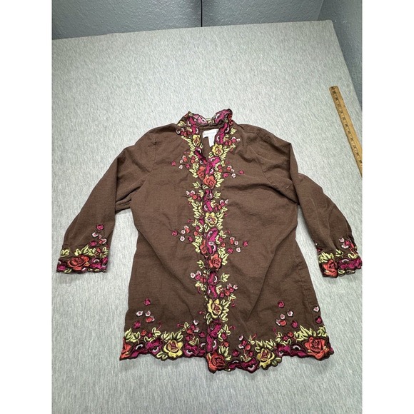 Susan Graver‎ Floral Embroidered Top Jacket Womens M Linen Blend Brown Multi - Picture 1 of 6